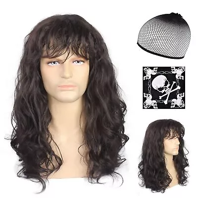 80s Rock Punk Long Curly Dark Brown Costume Wig W/Headband Perfect For Cosplay • $20.38