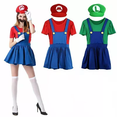 Adult Super Mario And Luigi Womens Fancy Dress Plumber Bros Halloween Costume • £9.69