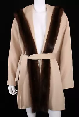 VOTRE NAM Vintage Beige Brushed Brown Mink Fur Trim Belted Hooded Coat 2 • $198