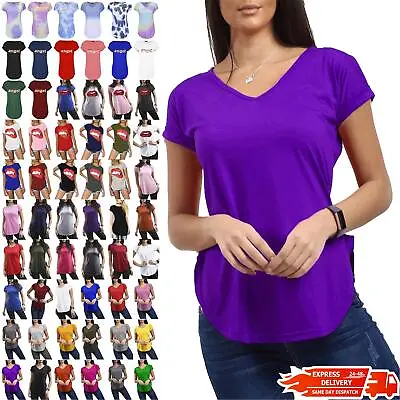 Womens Ladies Plain Stretchy V Neck Turn Up Sleeve Curved Hem Jersey T Shirt Top • £2.99