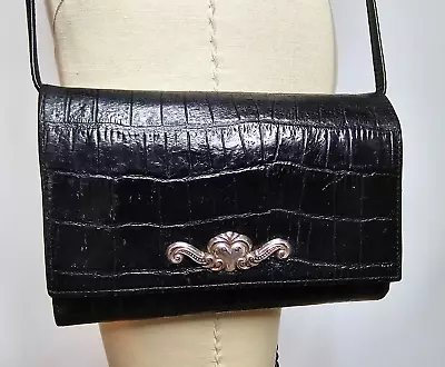 Brighton VTG Black Leather Crocodile Crossbody Purse Wallet Organizer Travel  • $29.95