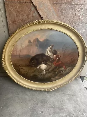 LARGE Vintage Original Man Attacked By Bears Oil Painting With Frame Not Signed • $0.99