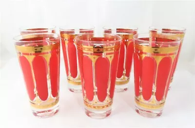 7- Vintage Mid Century Fred Press Red Gold Arch 5 5/8  Drinking Glasses • $31