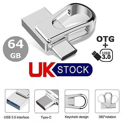 64GB Metal Mini Memory Stick USB 3.0 Thumb Drive Type-C+USB-A OTG Flash Drive • £10.39