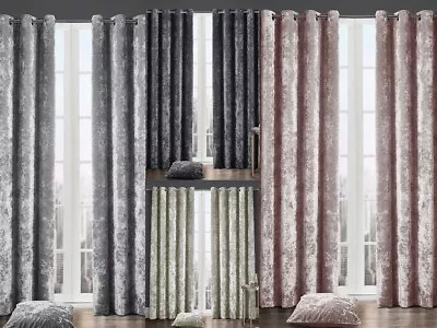 Crushed Velvet Curtains Fully Lined Eyelet Ring Top Cozy Curtain Pair • £4.99