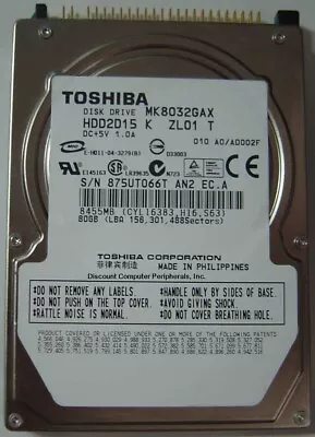 NEW MK8032GAX HDD2D15 Toshiba 80GB 2.5  IDE 44PIN Hard Drive NOS USA Seller • $30.95
