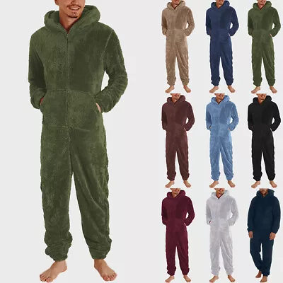 Men Solid Casual Long Sleeve Jumpsuits Men Hooded Winter Fleece Bodysuits Romper • $45.16