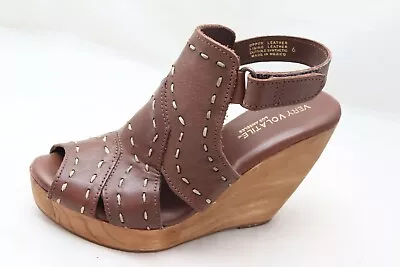 Very Volatile Los Angeles Women's Size 6 Brown Leather Wooden Wedge Heel Sandals • $35.95