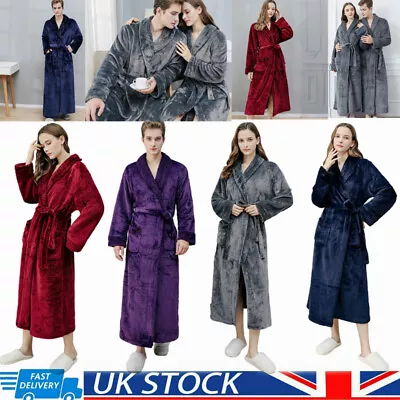 Ladies Men Flannel Fleece Long Bathrobe Women Soft Warm Dressing Gown Bath Robe • £13.19