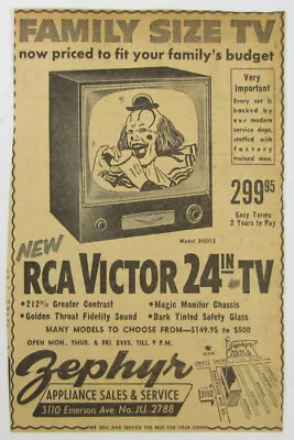 Vintage 1954 RCA Victor 24 Inch Clown TV Television Newspaper Print Ad • $9.97