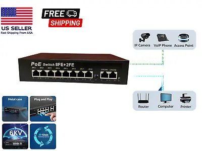8 Port PoE Switch With 2 Uplink 120W Extend To 250 Meter Unmanaged 803.af/at • $25