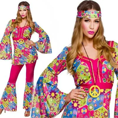 Adult 60s 70s Hippie Hippy Ladies Fancy Dress Costume Flared Feelin Groovy New • £21.49