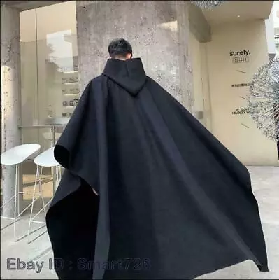 Men Fashion Hooded Wool Blend Pullover Oversize Cloak Cape Coat Ourwear Black • $59.74