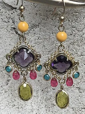 Vintage Earrings Multi Color Bezel Set Glass Chandelier Dangling Pierced Jewelry • $15.50