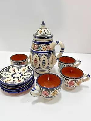 Morrocan Handmade Pottery Garnished Painted Set Of Teapot And 4 Cups Saucers • $119
