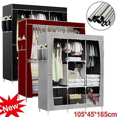 Practical Fabric Canvas Wardrobe Hanging Rail Shelving Closet Storage Cupboard • £15.19