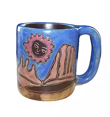 Mara Mexico Mug Pottery Desert Mountain Sun Southwest Folk Art Blue Tan Coffee • $14.94