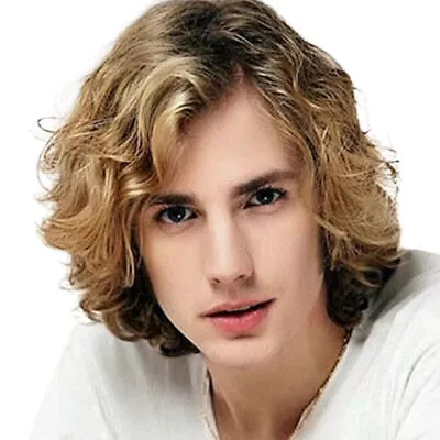 Natural Men Wig Blonde Long Curly Synthetic Looking Daily Hair Full Wigs Cosplay • £8.48