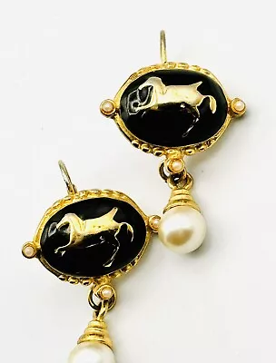 BLANCA Vintage SIGNED 80S Pearl  DROP EARRINGS Black Gold Pegasus Horse Estate • $19.99