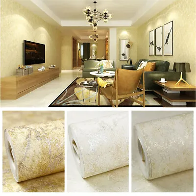 10M Simple Vintage Shiny Gold Embossed Flock Textured Non-woven Wallpaper Roll • $27.99