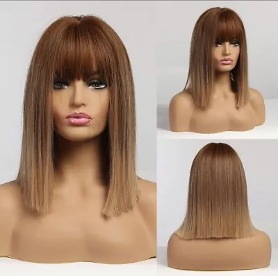 14 INCHES Straight Brown Ombré Gold Fringe Wig Women Fashion Synthetic Wig Gift • £40