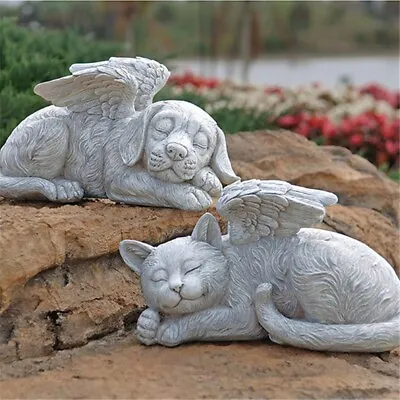 Resin Angel Pet Statue Sleeping Dog Cat In Wing Garden Ornaments Home Decor • £9.18