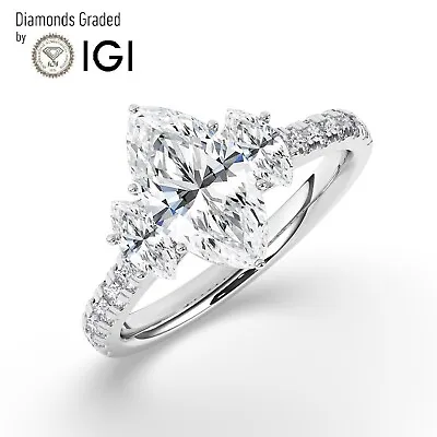 IGI 2CT  Solitaire Lab-Grown Marquise Diamond Trilogy Ring  950 Platinum • $3420