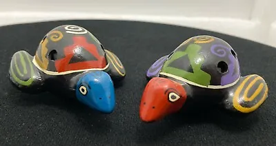 Set Of 2 Vintage Hand-Painted Clay Sea Turtle Ocarina 6 Hole Whistle Flutes • $16.99