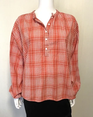 Universal Thread L Peasant Blouse Top Popover Pumpkin Plaid Henley Puff Sleeve • £9.45