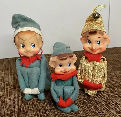 Vintage Felt Christmas Pixie Elf Knee Hugger Shelf Sitter Doll - Lot Of 3 • $49.95