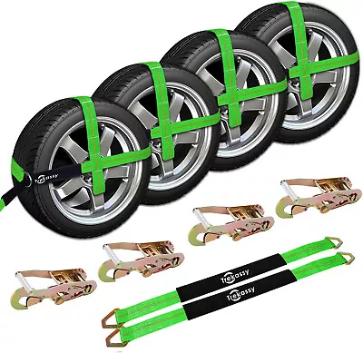 (4 Pack) 2 X10' Wheel Lasso Strap Snap Hook Ratchet Tire Tie Down Car Hauler Kit • $67.05