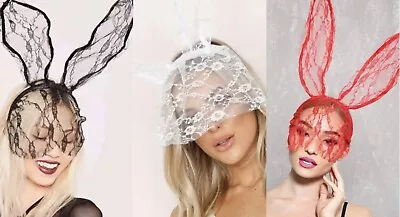 Lace Bunny Girl Rabbit Mask Headband Ears Veil Black White Red Playmate • £8.99