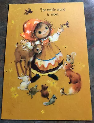 Mary Hamilton Sweet Girl Animals Critters Thanksgiving Vtg Hallmark UNUSED Card • $10