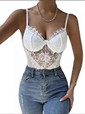 Gorglitter Women’s Floral Eyelash Lace Mesh Body Cami White L Deep V Bustier • £9.99