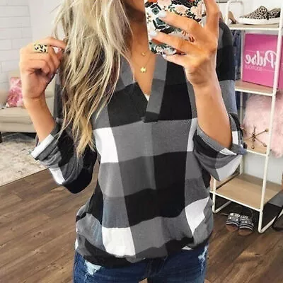 UK Womens Plaid Check Long Sleeve Tops Shirts Ladies V Neck Loose Blouse T Shirt • £9.49