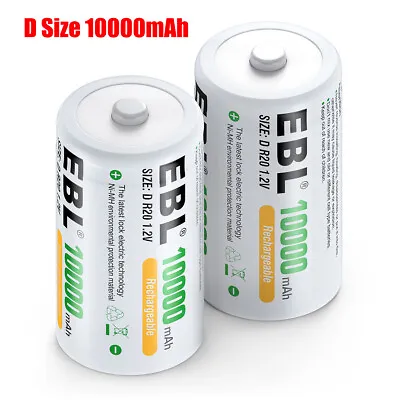 2x EBL D Size Rechargeable Batteries 10000mAh Ni-MH 1.2V D Cell Battery + Case • $13.59