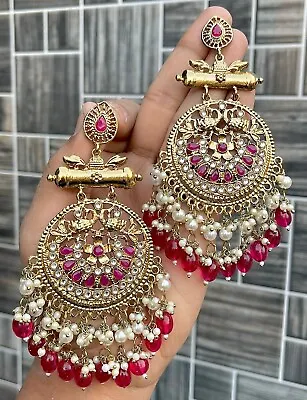 Indian Gold Plated Bollywood Style Kundan Chandbali Earrings Red Jewelry Set • $29.99