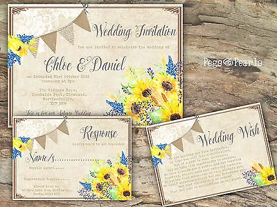 Personalised Rustic Bunting & Lace Sunflower Wedding Invitations Packs Of 10 • £4.55