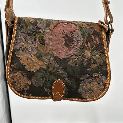 Vtg 80's Ralph Lauren Floral Tapestry Carpet Bag Mary Poppins Leather Trim • $135