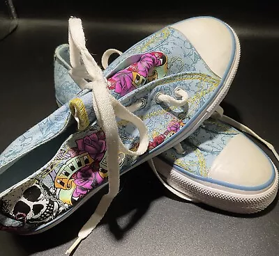 Blue Attitude Skull Shoes Ed Hardy Style Y2K 2000s Skull Flats 7.5 Size • $10.96