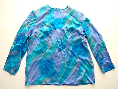 Vintage Suk-Hui Ltd. Scottsdale 100% Silk Blue Tie Dye Long Sleeve Blouse M-L • $22.49