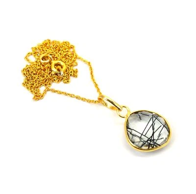 $10.99 • Buy 925 Solid Sterling Silver 24ct Gold Overlay Cut Black Rutile Chain Pendant V929