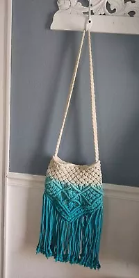 MOSSIMO Ivory And Blue BOHO MACRAME Purse/Bag FRINGE • $15