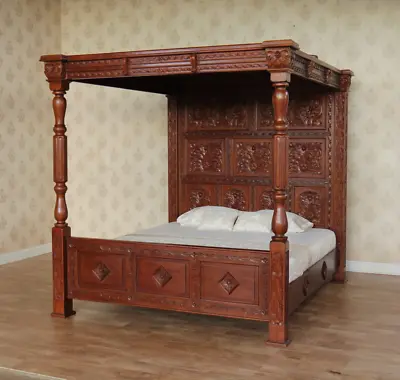 £2395 • Buy Solid Mahogany Four Poster Bed/Hand Carved/Antique Reproduction/Tudor Style B045