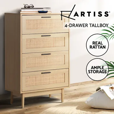 Artiss 4 Chest Of Drawers Rattan Dresser Tallboy Storage Cabinet Bedroom BRIONY • $156.95