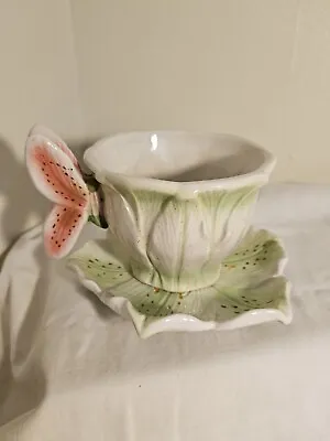 Majolica Pink Butterfly Handle & Green Leaf  2004 HH Tea Cup & Saucer • $14.07