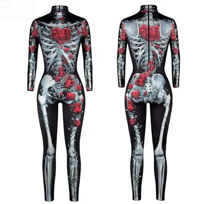 Halloween Costumes Adult Women Day Of The Dead Skeleton Jumpsuit Bodysuit 2023 • £10.69