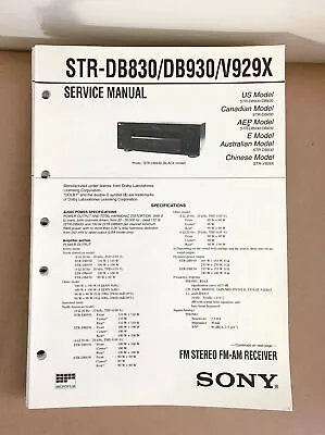 $19.97 • Buy Sony STR-D830 DB930 V929X Receiver  Service Manual *Original*