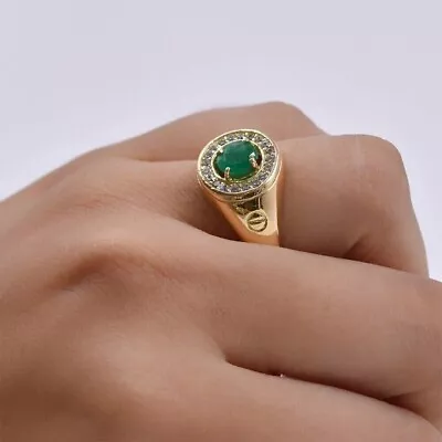 1.5Ct Round Green Lab Created Emerald & Diamond Mens Ring 14K Yellow Gold Plated • $154