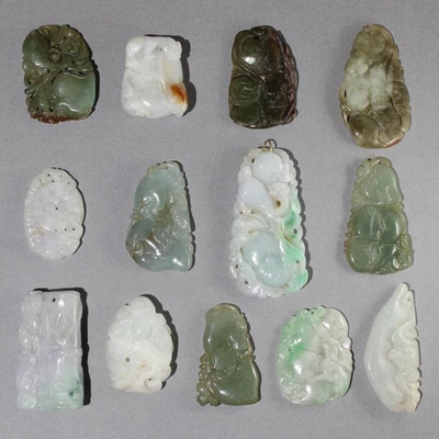 $33 • Buy 13Pc Vintage Chinese Carved Jadeite Jade Pendants Group Lot #1